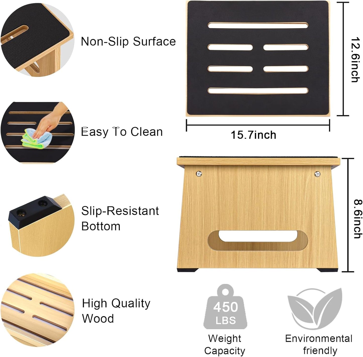 One Step Stool for Adults Seniors with Non-Slip Rubber Step Surface, Heavy Duty Wooden Stepping Stools with 450 LBS Capacity for Bedroom Kitchen Bathroom, Bed Steps for High Beds, Bedside Support