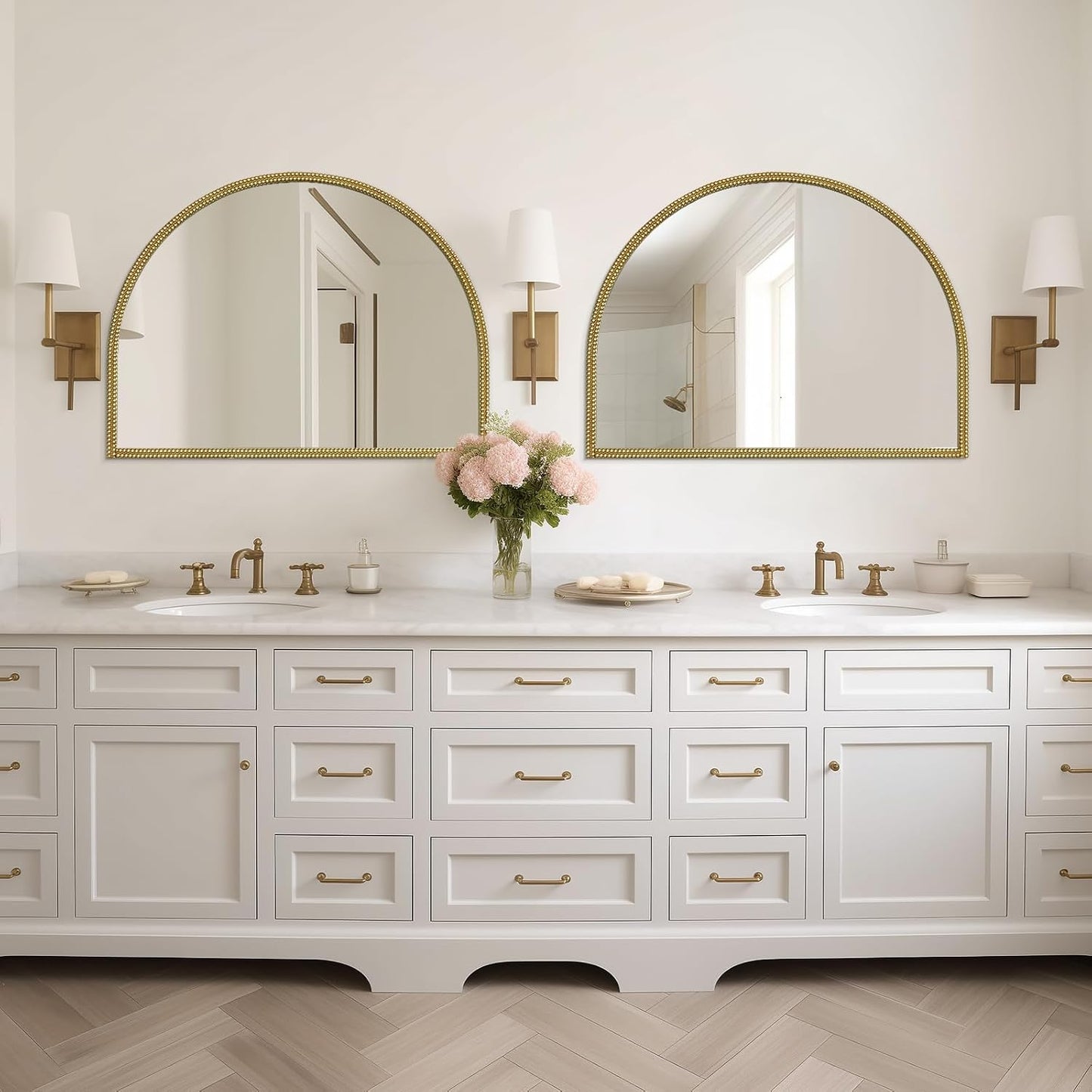 WallBeyond Gold Vintage Mirror for Vanity 32x24 Inch, Gold Antique Mirror with Ornate Beaded Frame for Bathroom, Living Room, Fireplace, Entryway