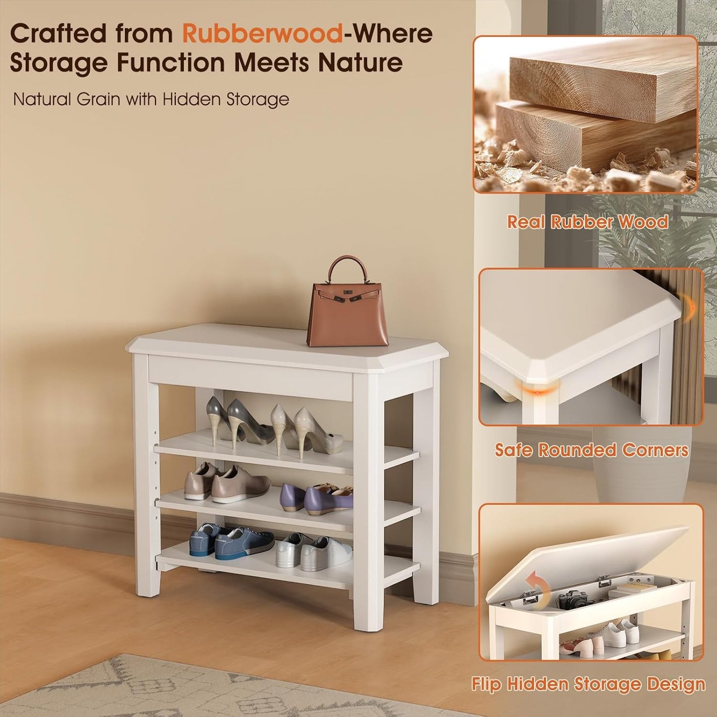 Shoe Rack Bench Seat Rubberwood 3-Tier Wooden Storage Bench 550lbs Compact Mid-Century Modern Design for Entryway, Hallway, Closet, Front Door Entrance, Foyer