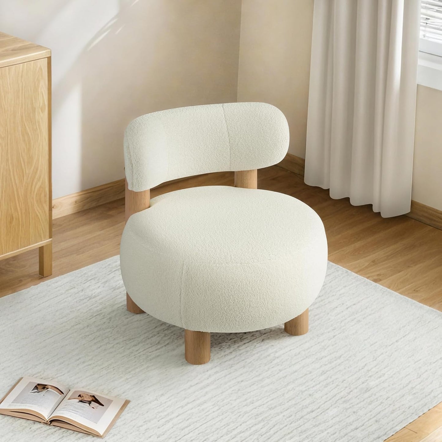 Modern Boucle Accent Chair Set of 2, with Plush Faux Sherpa Upholstery, Curved Backrest, Solid Wood Legs for Living Room Bedroom Reading Nook, 27.5", White