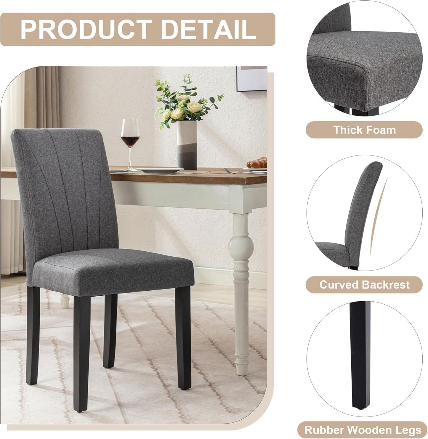 VECELO Upholstered Dining Chairs Set of 6, Modern Fabric and High Back & Solid Wood Legs, Parsons for Kitchen/Living Room- Dark Gray