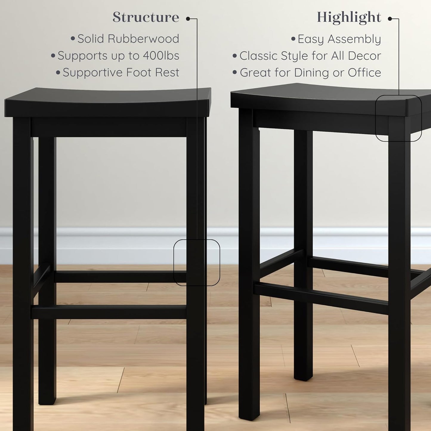 Grain & Grove Smith Collection Set of 2 Solid Wood Bar Stools, 30 inch Saddle-Seat Bar Chairs, Backless, Heavy-Duty Construction, Footrest Support, for Kitchen Islands, Home Bars, and Counters, Black