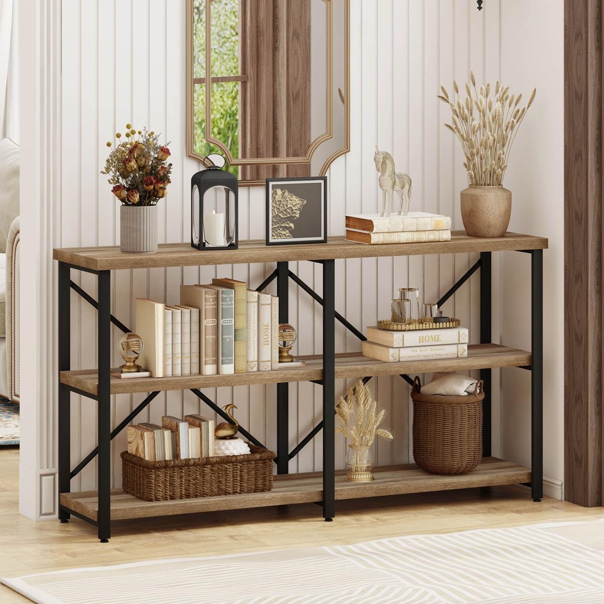 BON AUGURE Console Tables for Entryway, Industrial Sofa Table Behind Couch, 3 Tier Hallway Table for Foyer, Horizontal Bookshelf for Living Room (55 Inch, Vintage Oak)