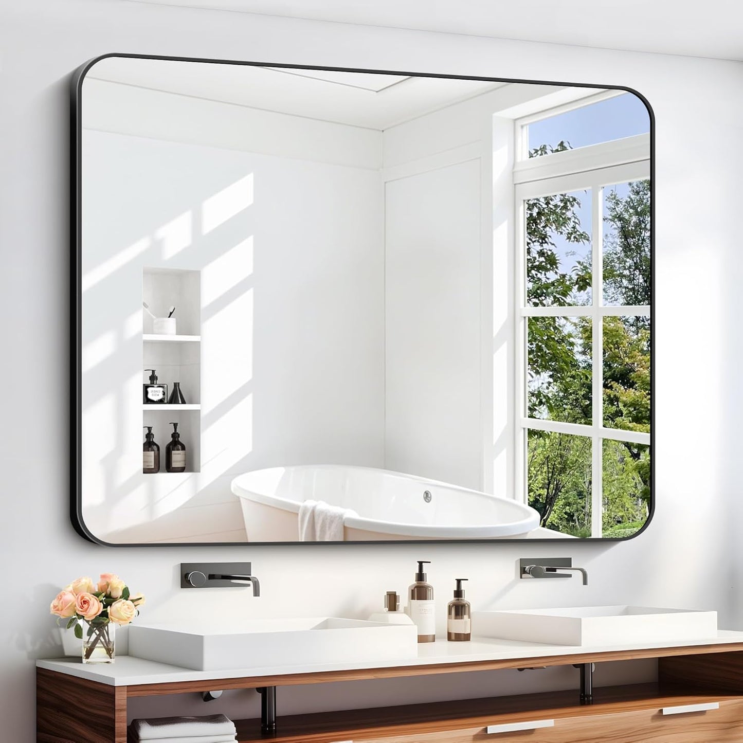40" x 48"Bathroom Mirror, Matte Black Wall Mirror with Metal Frame, Decorative Rectangular Vanity Mirror for Bedroom Bathroom Living Room Entryway (Horizontal/Vertical)