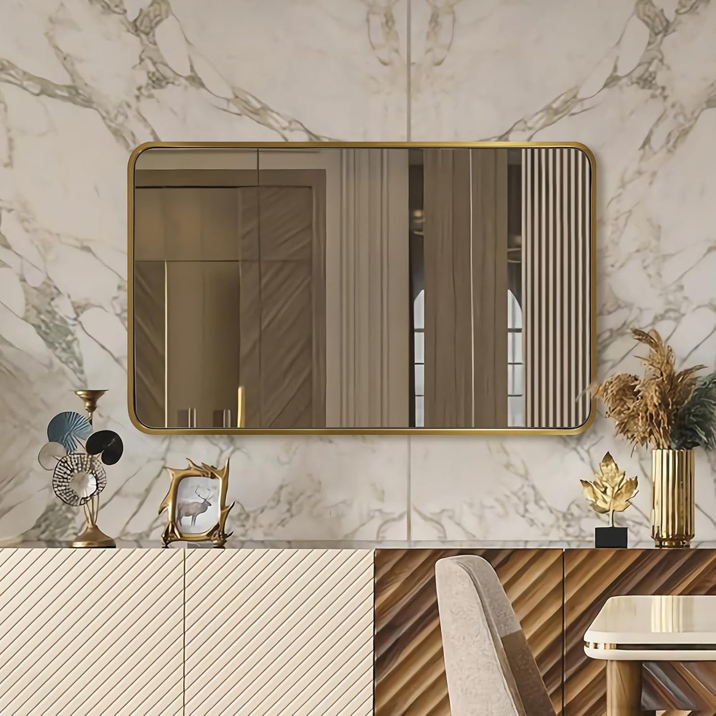 ANDY STAR Brushed Gold Bathroom Mirror 48”X30”, Brass Bathroom Vanity Mirror Rounded Rectangle, SUS304-Anti-Rust Metal Frame Mirror, Wall Mounted Horizontal/Vertical 1’’ Deep