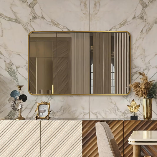 ANDY STAR Brushed Gold Bathroom Mirror 48”X30”, Brass Bathroom Vanity Mirror Rounded Rectangle, SUS304-Anti-Rust Metal Frame Mirror, Wall Mounted Horizontal/Vertical 1’’ Deep