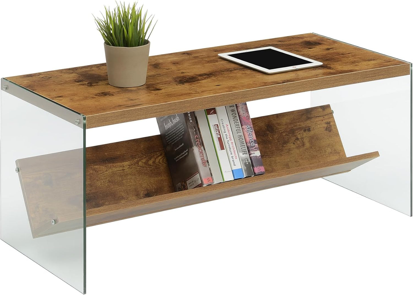 Convenience Concepts SoHo Glass Coffee Table 40" - Modern Living Room Table with Storage Shelf, Contemporary Coffee Table for Family Room, Barnwood