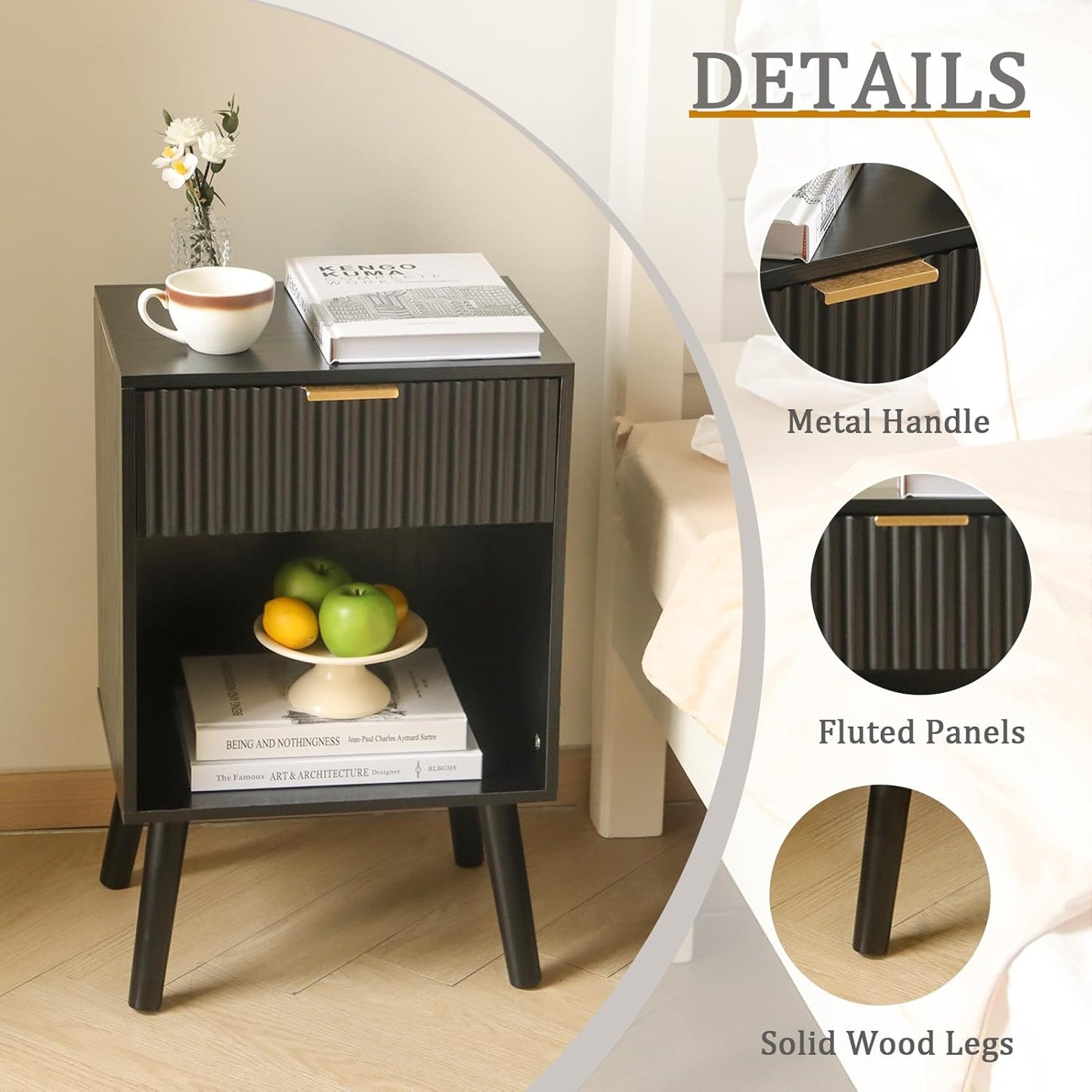 Black Fluted Nightstand, Modern Bedside Table with Drawer and Opening Storage, End Side Table Living Room with Solid Wood Legs for Bedroom (Black)