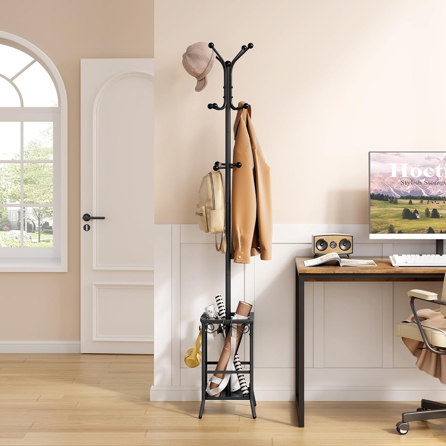 Hoctieon Coat Rack Freestanding, Coat Tree with Umbrella Holder, Metal Coat Rack Stand with 12 Hooks, Standing Coat Hanger Stand, Umbrella Stand for Entryway, Hat Rack Stand for Home Office, Black