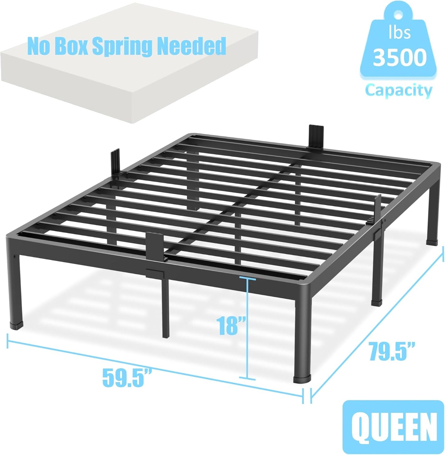 FUIOBYVV Queen Bed Frame with Round Corner Edge Legs 18 inch High 3500 lbs Heavy Duty Metal Platform Bed Frame Queen Size No Box Spring Needed/Non-Slip/Steel Slat Support/Noise Free