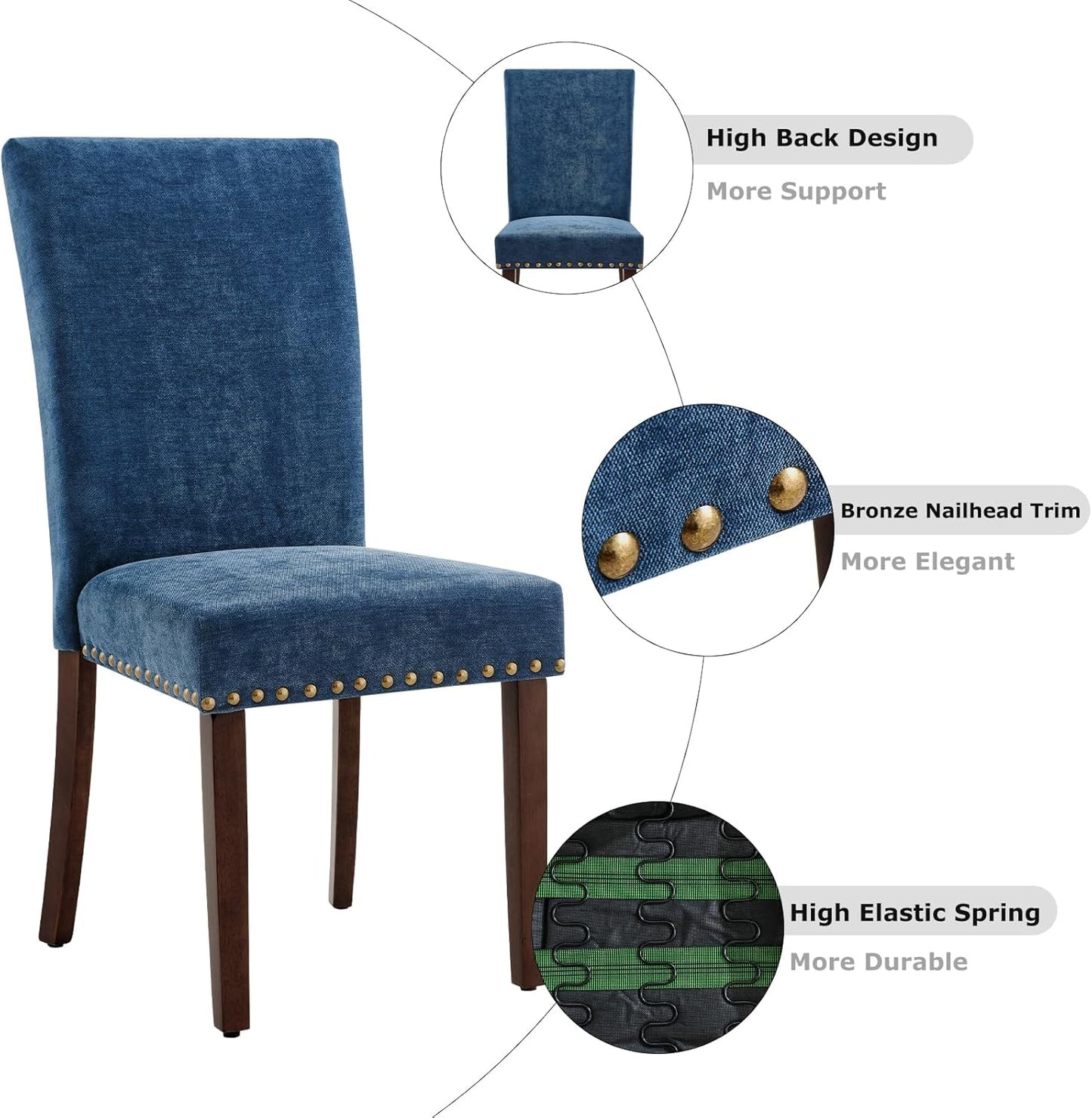 COLAMY Upholstered Parsons Dining Chairs Set of 4, Fabric Dining Room Kitchen Side Chair with Nailhead Trim and Wood Legs - Dark Blue