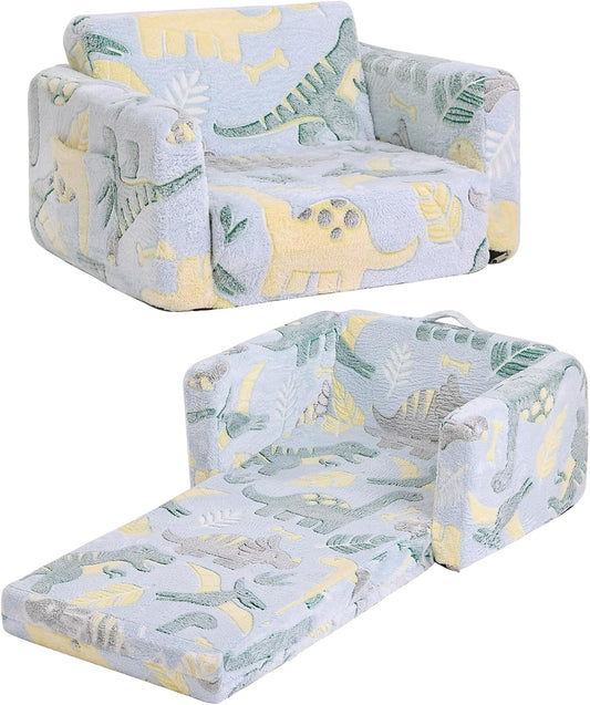 Tiita Kids Sofa, 2-in-1 Kid Sofa, Convertible Children Couch to Lounger, Flip Out Kids Chair, Glow in The Dark Toddler Armrest Chair Bed for Girl or Boy (Grey Dinosaur)