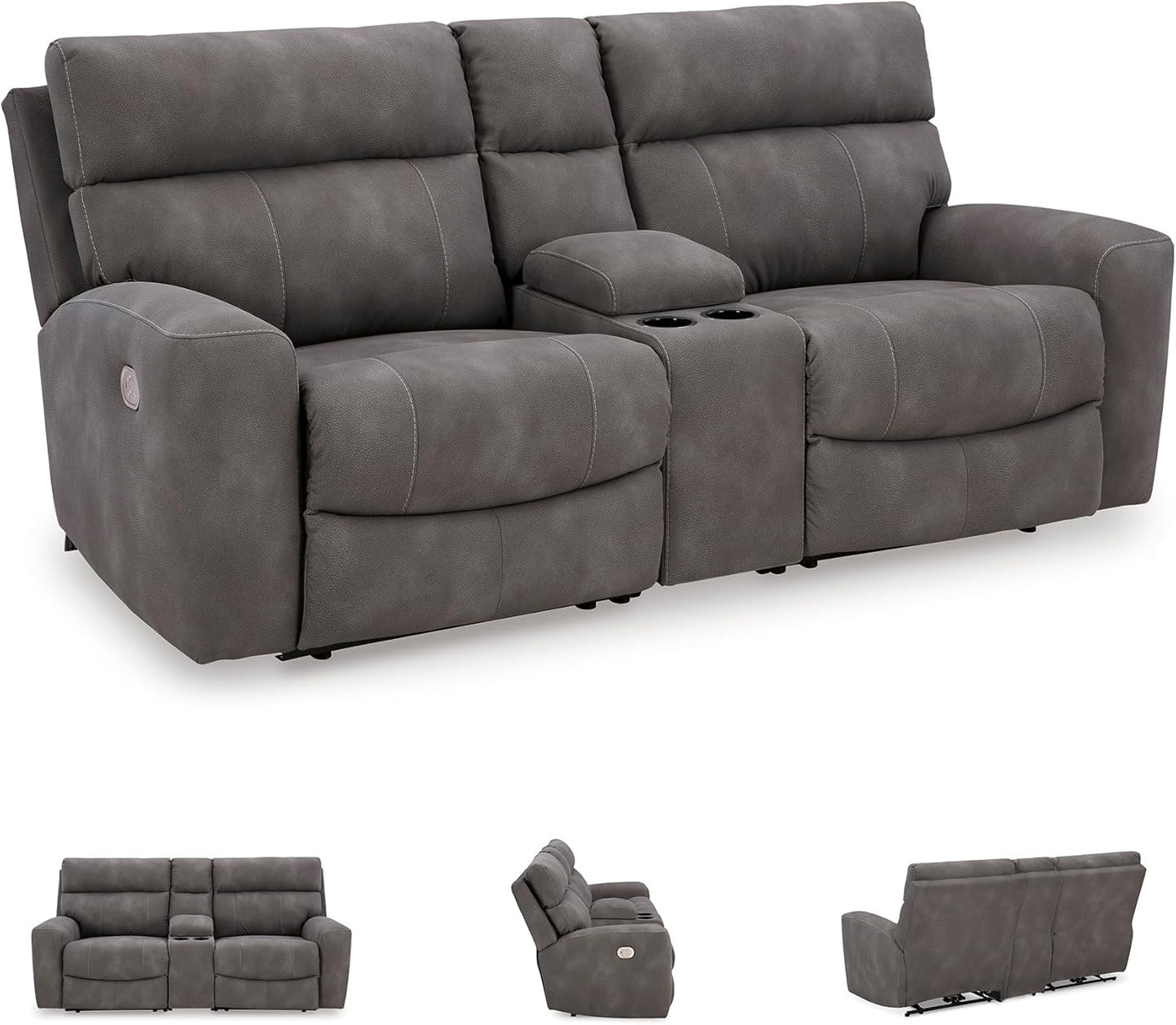 Signature Design by Ashley Next-Gen DuraPella Contemporary Faux Leather Modular Wall Hugger 3-Piece Power Reclining Sectional Loveseat with Console, Adjustable Headrest and USB Ports, Gray