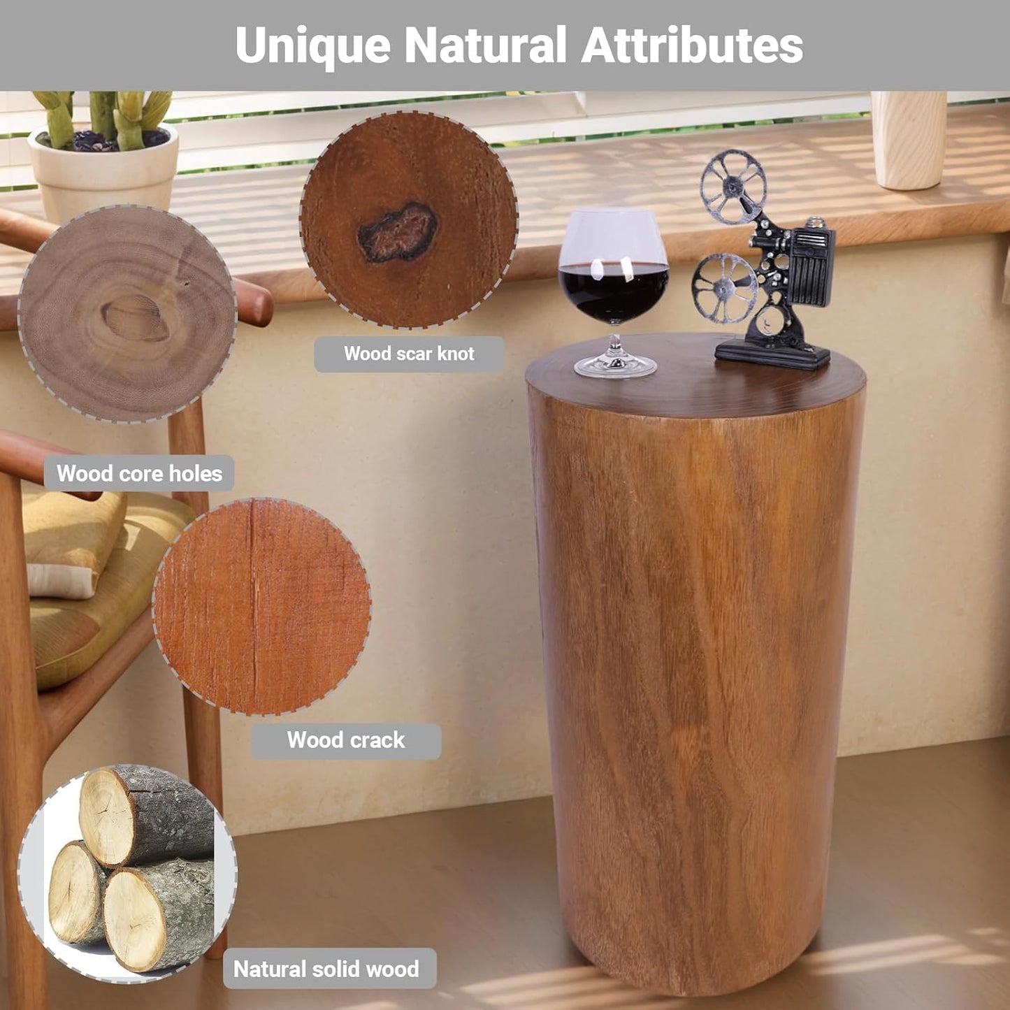 Athaliah Wooden Tree Stump End Table, 23.25" Paulownia Wood Hand Carved Rustic Wood Side Table, Wood Stump for Plant Stand Decor Nightstands Stool Indoor Outdoor