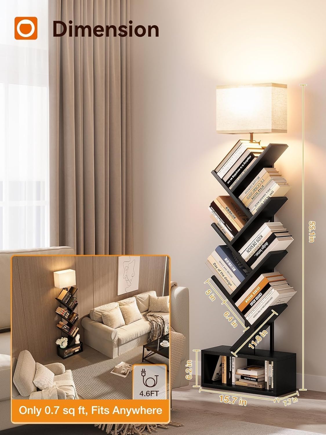 addlon 6-Tier Tree Bookshelf, Steel&Wood Corner Shelf with 3CCT Bulb,Small Book Shelf for Bedroom, Home Office&Living Room-Rustic Brown-Black Oak