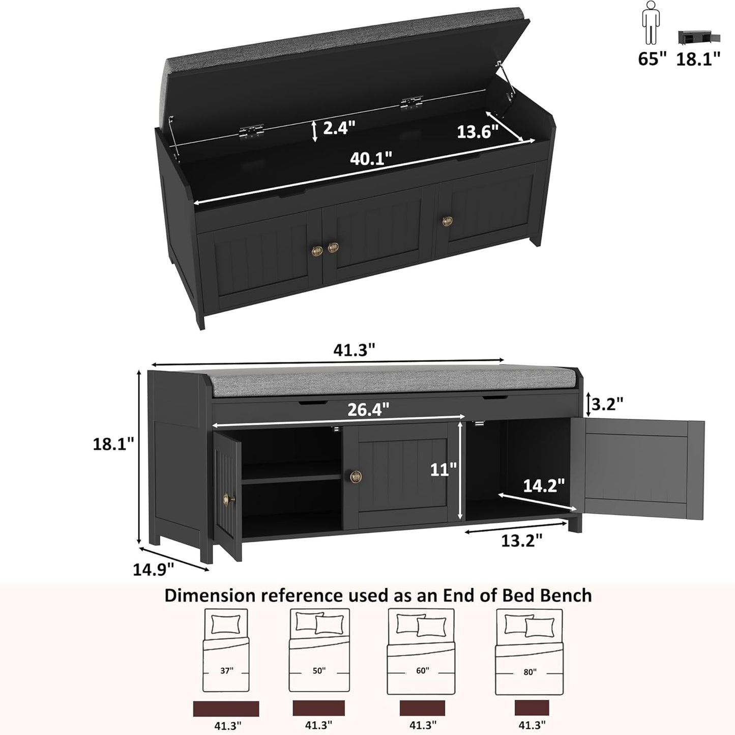 HOMEFORT 41.3" Shoe Bench with Lift Top Storage, Entryway Bench with Cushioned Seat, Wooden End of Bed Bench, Shoe Cabinet Bench with Hidden Storage Space, for Bedroom, Hallway,Black