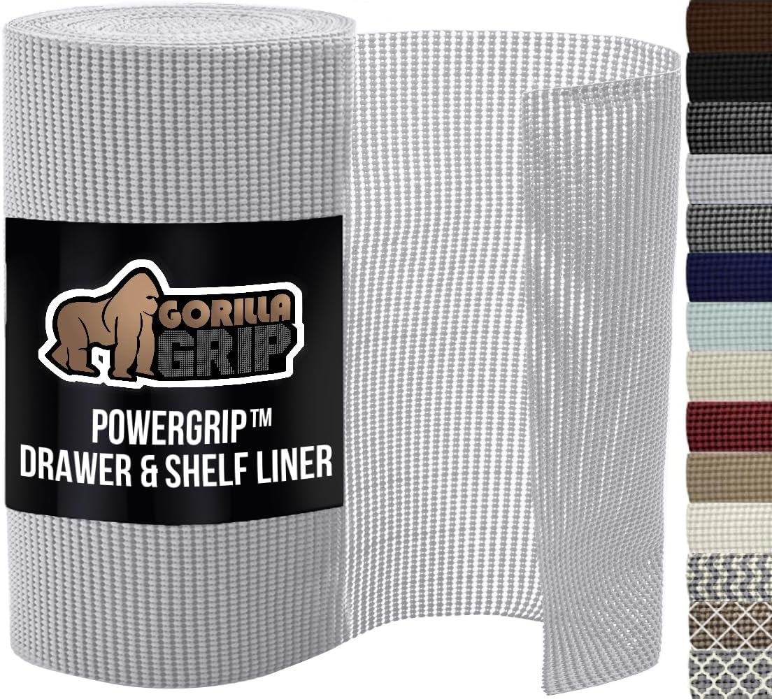 GORILLA GRIP powerGRIP Drawer Shelf and Cabinet Liner, Thick Strong Hold, Non-Adhesive Liners Protect Kitchen Cabinets and Cupboard, Bathroom Drawers, Easy Install, Breathable Mat, 24" x30' Light Gray