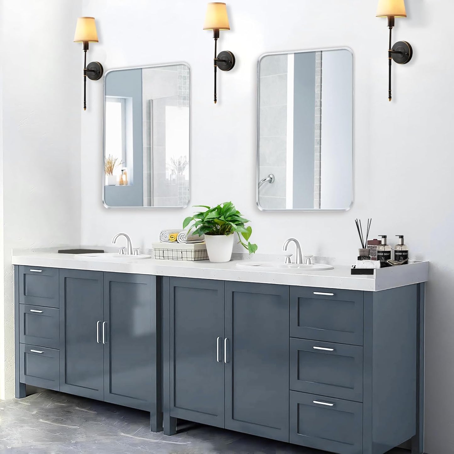 Wall Mount Mirror for Bathroom, Brushed Silver Metal Framed Rounded Corner Rectangular Vanity Mirror (24" x 36", Silver)