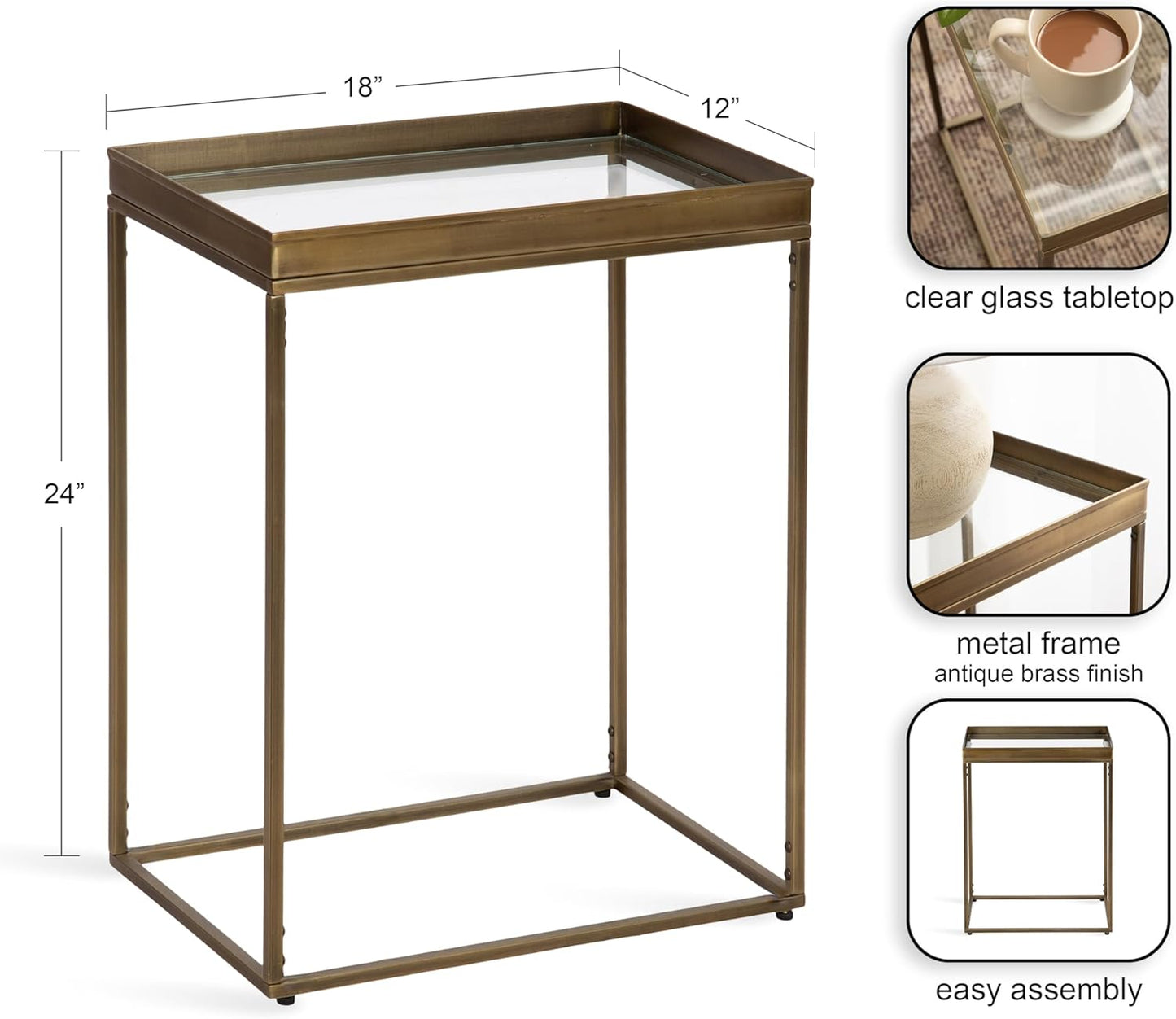Kate and Laurel Lonsdale Transitional Glass Narrow End Table; 18 x 12 x 24; Clear Glass and Antique Brass; Decorative Contemporary Metal Side Table for Bedroom Nightstand or Living Room Accent