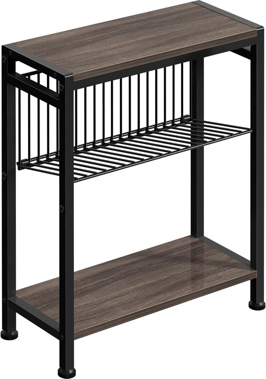 Side Table for Small Space, 3-Tier Narrow End Tablewith Magazine Holder,Slim Nightstand, Skinny Snack Couch Table in Living Room, Bedroom Study and Balcony(Ash Brown)