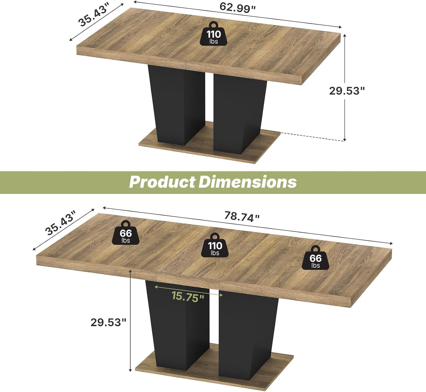 63"-78.7" Expandable Dining Table, 6-10 Rectangle Table, Extendable Console Table, Wooden Farmhouse Kitchen Table with Metal Track & Dual Column Base for Living, Office-Beige Brown