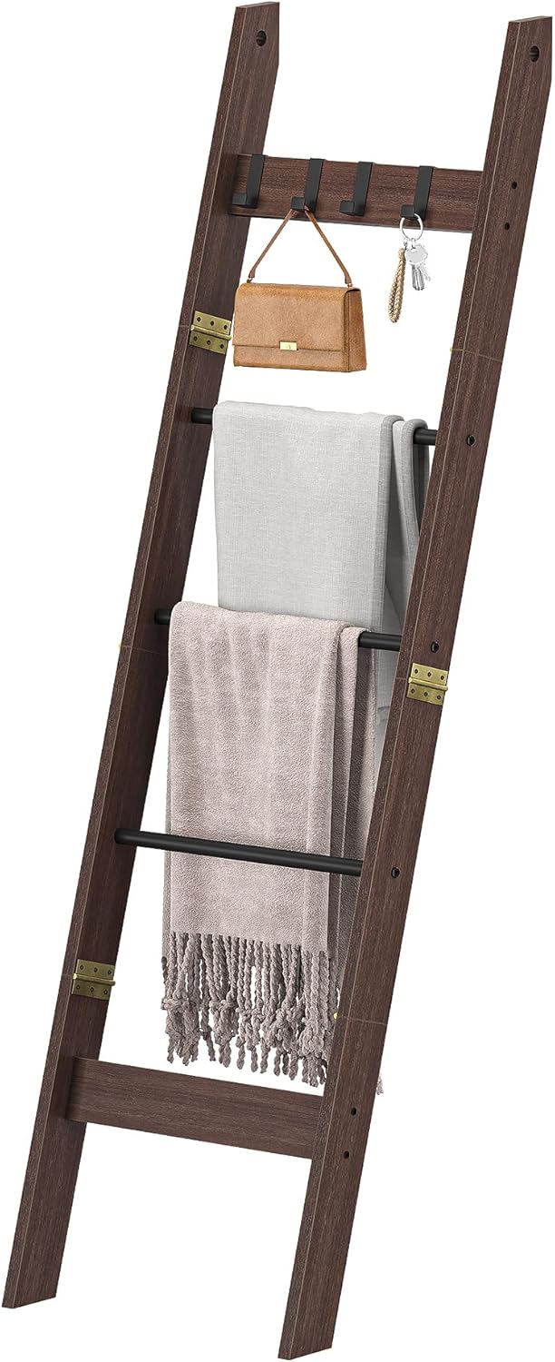 Blanket Ladder for Living Room, Decorative Quilt Rack with 4 Removable Hooks, 5-Tier Farmhouse Ladder Holder Shelf Organizer for Bedroom, Black Tea Brown and Black BR02120B