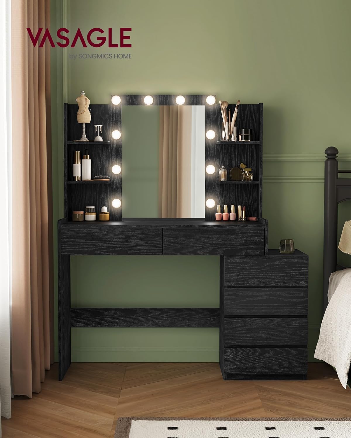 VASAGLE Vanity Desk with Mirror and LED Lights, Makeup Vanity with 6 Drawers, Vanity Table with 4 Open Shelves, 10 Dimmable LED Lights, for Bedroom, Dressing Room, Modern, Ebony Black URDT122B01