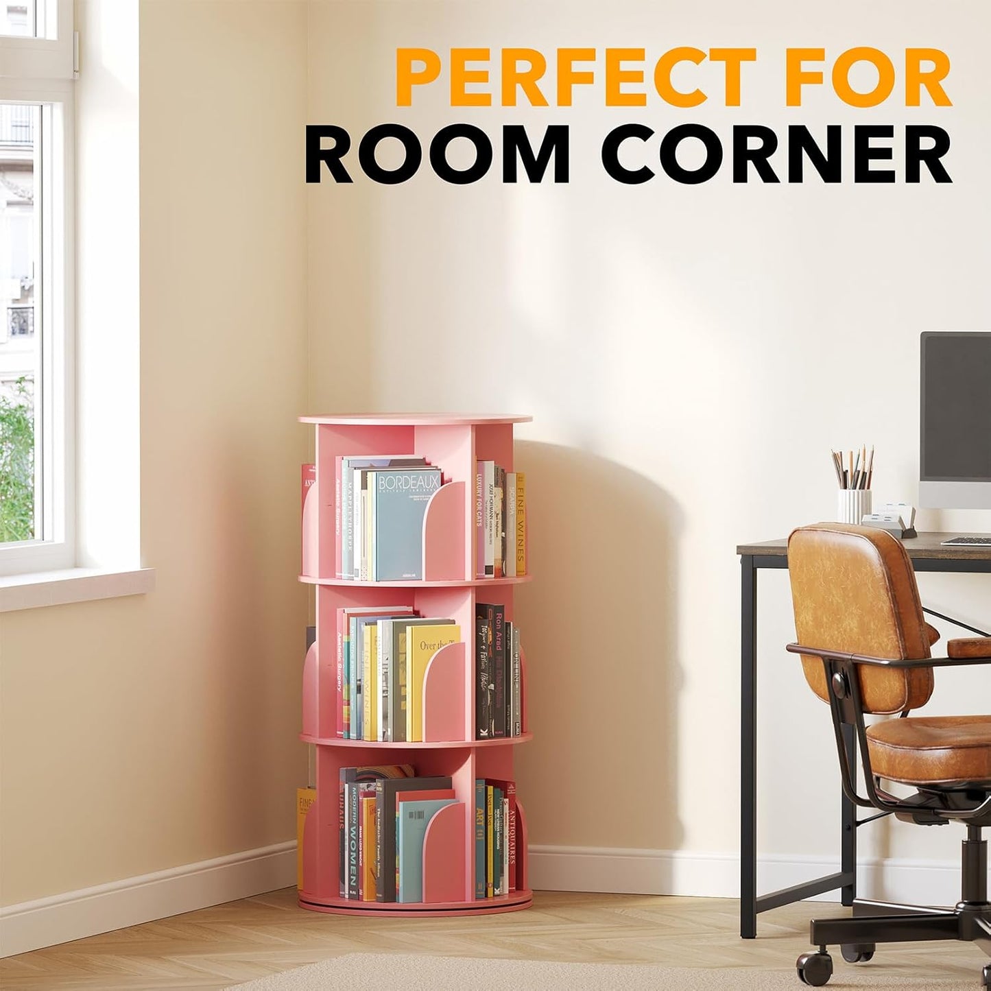 SpaceAid 3 Tier Rotating Bookshelf Tower, Spinning Bookcase Lazy Susan, Revolving 360 Book Shelf Storage Round Carousel, Vertical Rotate Turning Spiral Corner Organizer, Pink