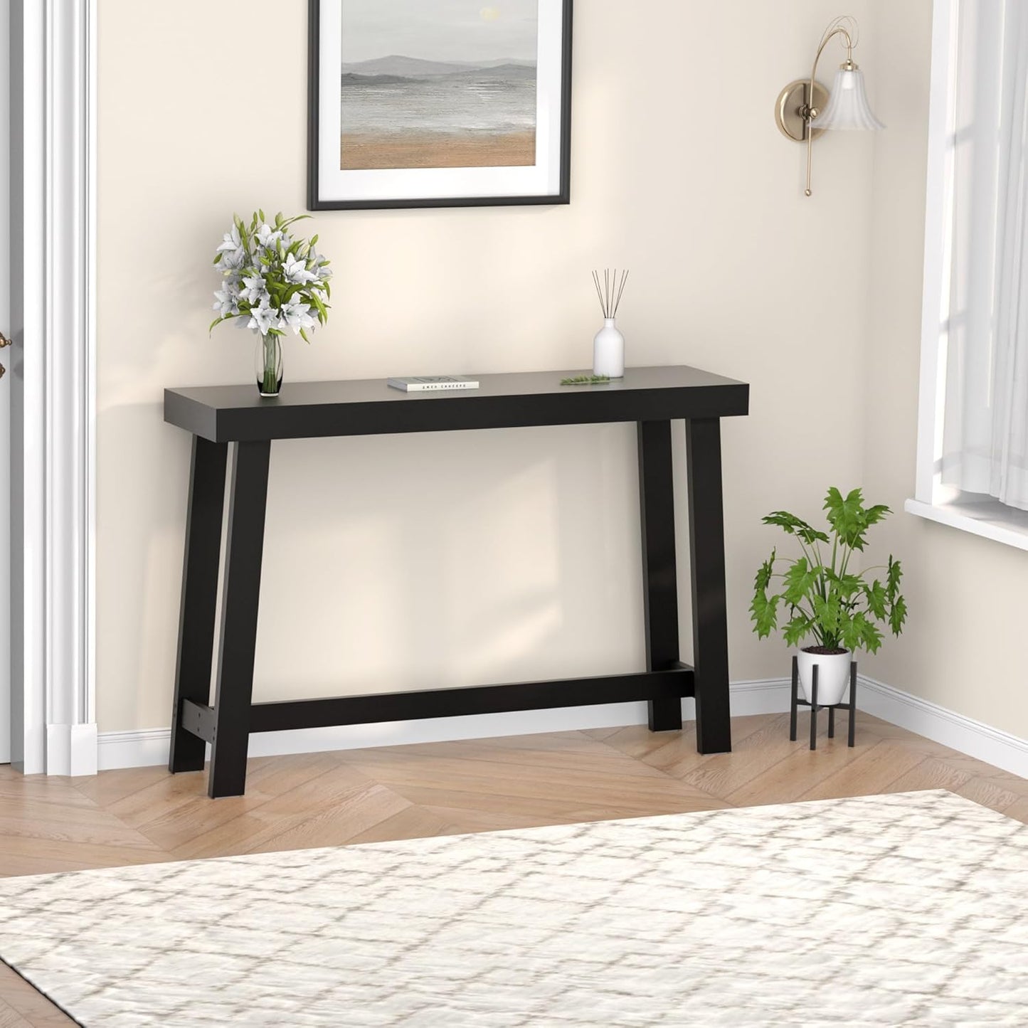 Bamboo Wood Entryway Table 47.2" Console Table, Narrow Sofa Table with Support Beam for Entrance, Hallway, Living Room, Bedroom, Foyer(Black)