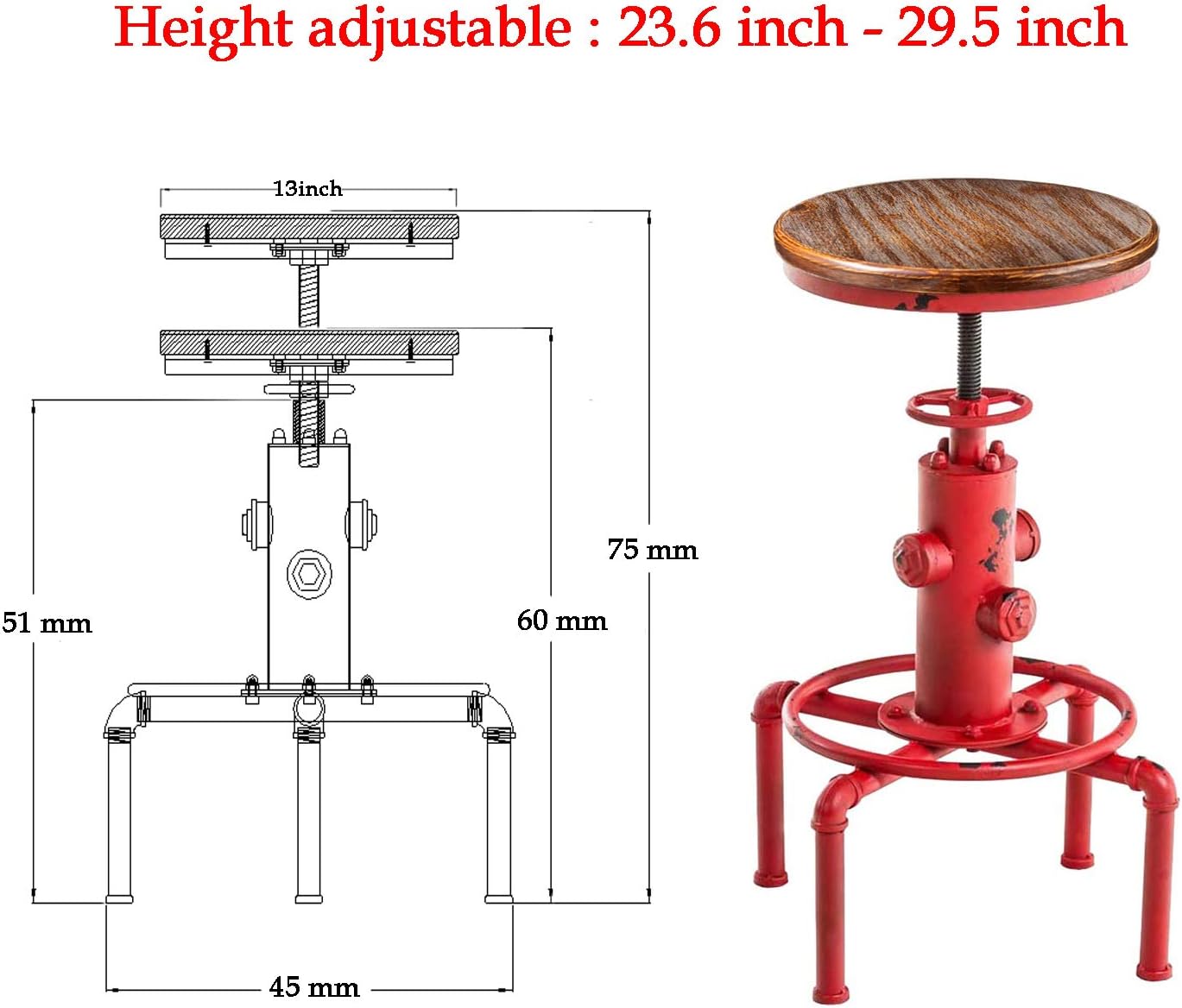Topower Aged Antique Vintage Industrial Barstool Solid Wood Water Pipe Fire Hydrant Design Cafe Coffee Industrial Bar Stool Set of 2 Antique Red