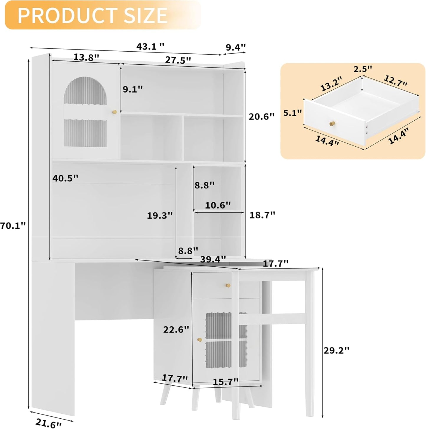 Merax Computer Desk with 90 Degree Rotating Desktop, L Shaped Office Desk with Storage Drawer and Cabinets, Writing Desk with Shelves for Study, Work Desk for Office Bedroom Living Room, White