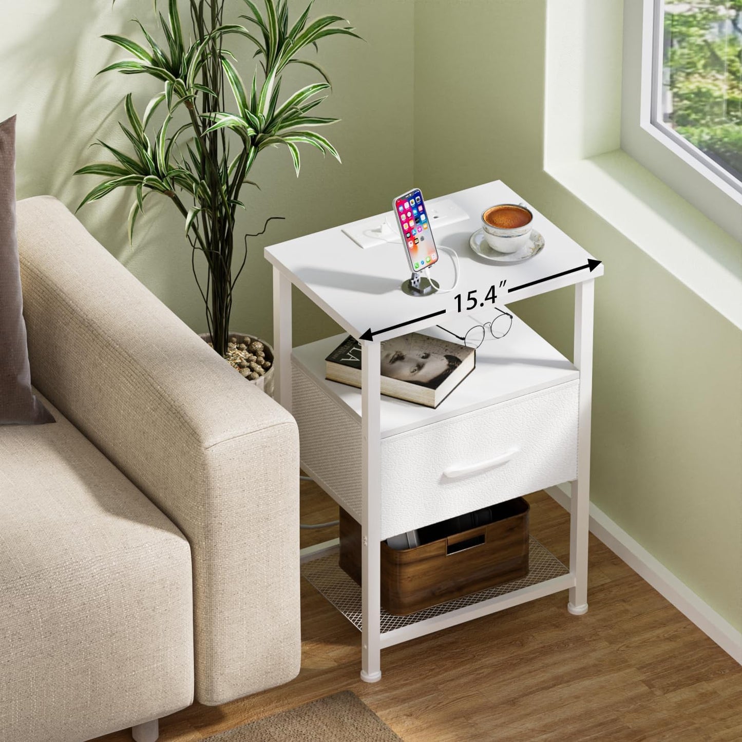 Nightstands Set of 2 with Charging Station and Drawer, End Table Bedside Table with 20 Colors LED Light Strip and 2 Layers Shelf for Bedroom Living Room Sofa Couch (White)