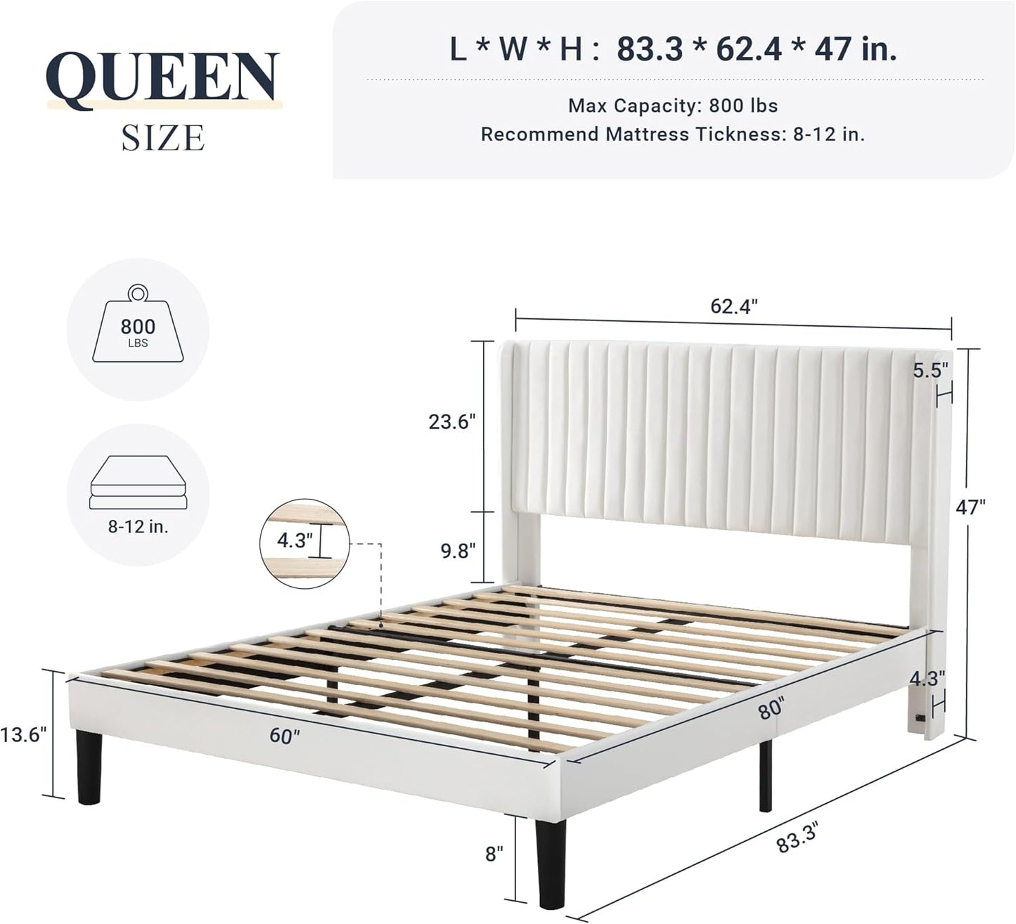 Allewie Queen Size Velvet Bed Frame/Vertical Channel Tufted Wingback Headboard/Upholstered Platform Bed/Strong Wooden Slats/No Box Spring Needed/Easy Assembly/White