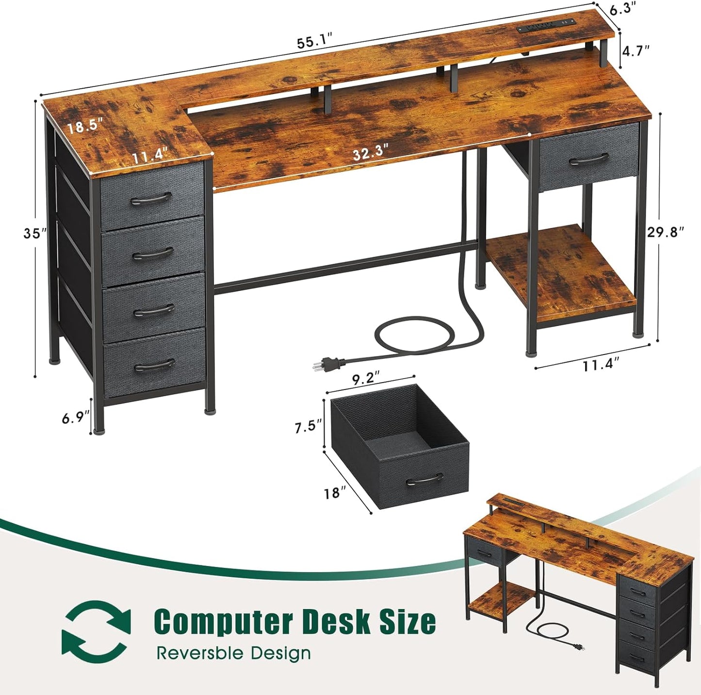 55 Inch Computer Gaming Desk with Power Outlets LED Lights, Reversible Home Office with Adjustable Fabric Storage Drawers for Working Writing Study, Rustic Brown