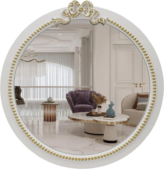 Vintage Round Wall Mirror 20inch Farmhouse Wooden Vanity Mirror for Wall Decor, Decorative Antique White Bathroom Mirrors, Traditional Art Home Bow Decor for Dressing Table, Living Room or Bedroom
