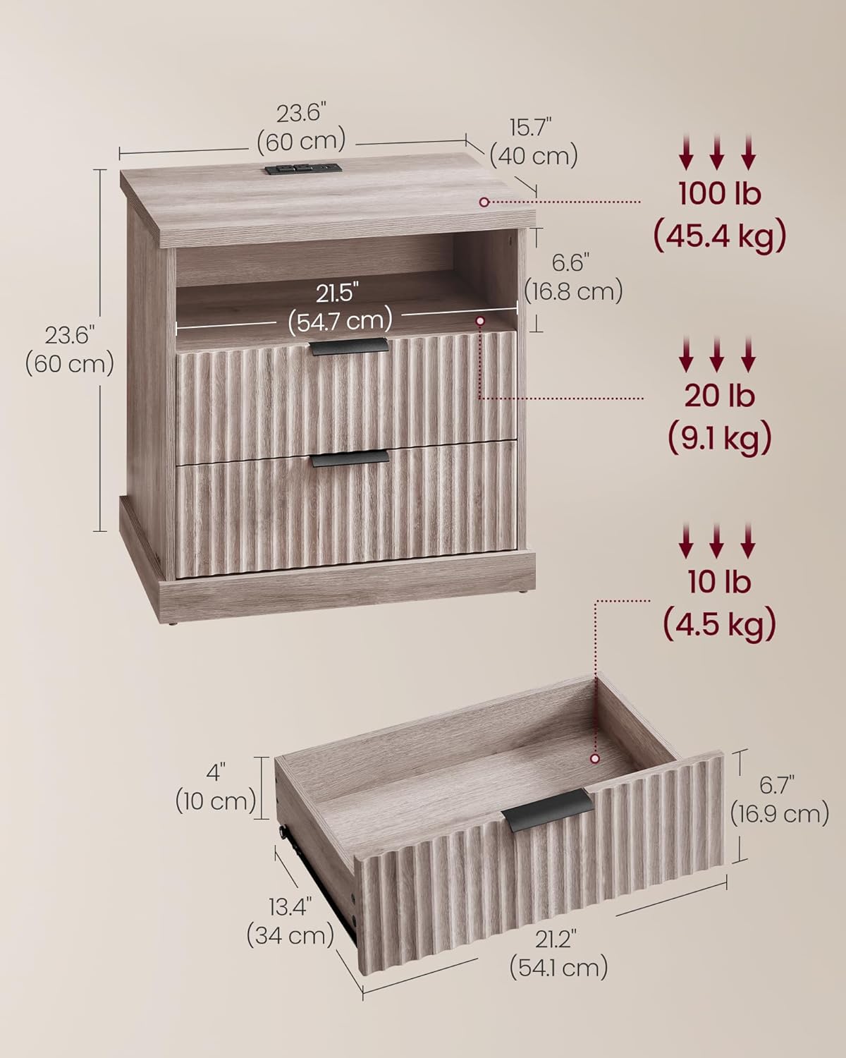 VASAGLE MAXE Collection - Nightstand with Charging Station, Bedside Table, Side End Table with 2 Drawers, Open Shelf, 2 AC Outlets, 2 USB Ports, Transitional, for Bedroom, Washed Gray ULET626G01S