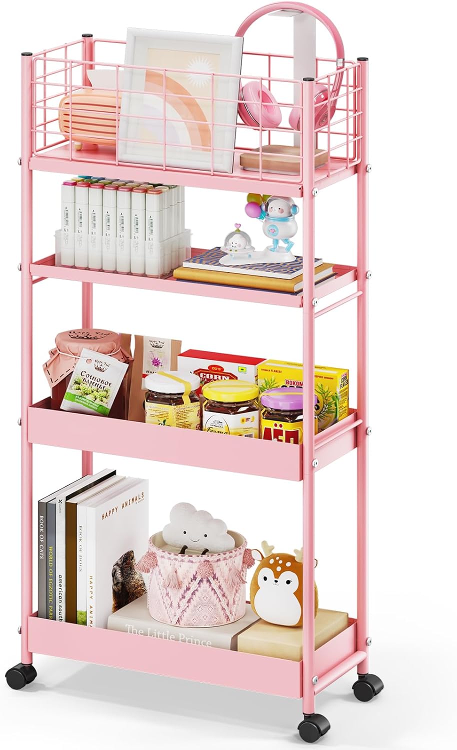 KINGRACK Slim Storage Cart, 4-Tier Metal Utility Rolling Cart with Wheels,Bathroom Organizer, Skinny Rolling Trolley, Mobile Shelving Unit for Office, Laundry Room, Narrow Place,Pink