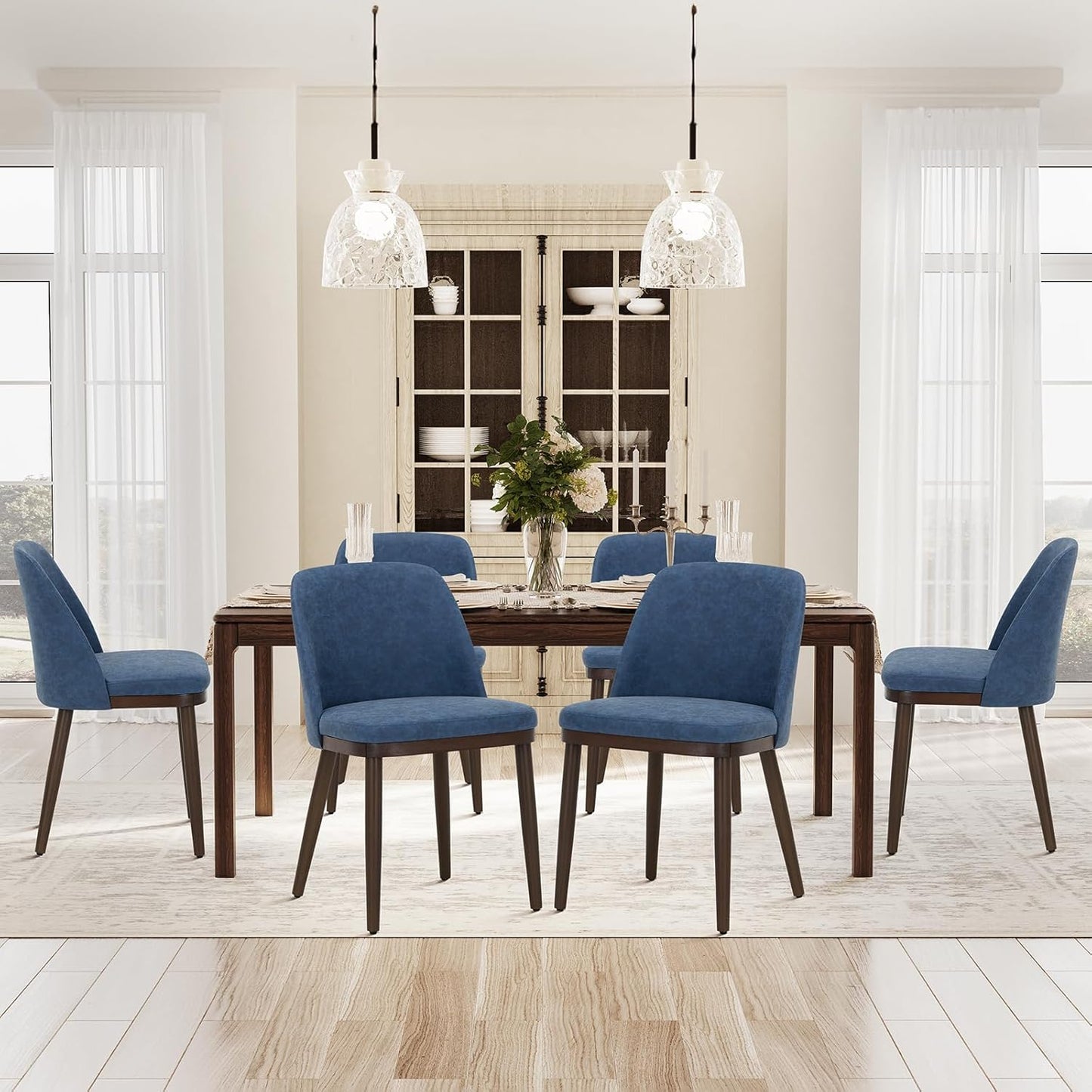 COLAMY Upholstered Dining Chairs Set of 6, Modern Kitchen Chairs with Back, Leather Side Dining Room Chairs with Wood Legs for Kitchen Dining Room Restaurant, Blue