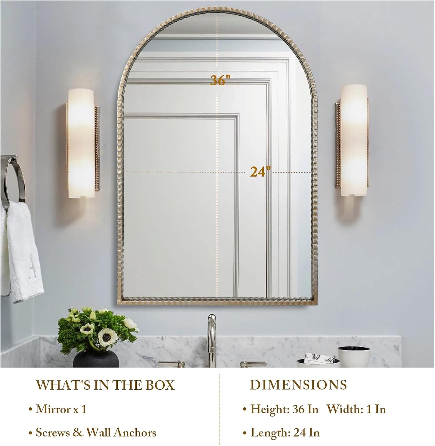 24"x36" Antique Silver Arch Mirror - Retro Distressed Geared Metal Frame Farmhouse Wall Mirror for Bathroom, Living Room, Entryway Hall