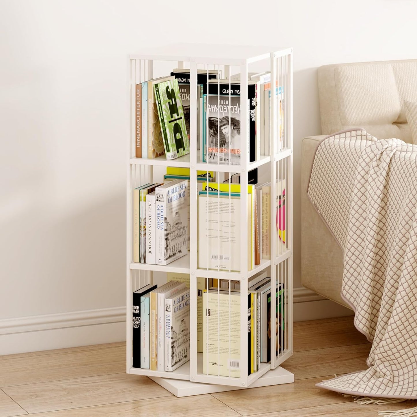 Square Rotating Bookshelf Tower - 360 Spinning Display Corner Bookcase for Narrow Space, Modern 3-Tier Revolving Storage Shelf, White