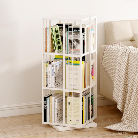 Square Rotating Bookshelf Tower - 360 Spinning Display Corner Bookcase for Narrow Space, Modern 3-Tier Revolving Storage Shelf, White