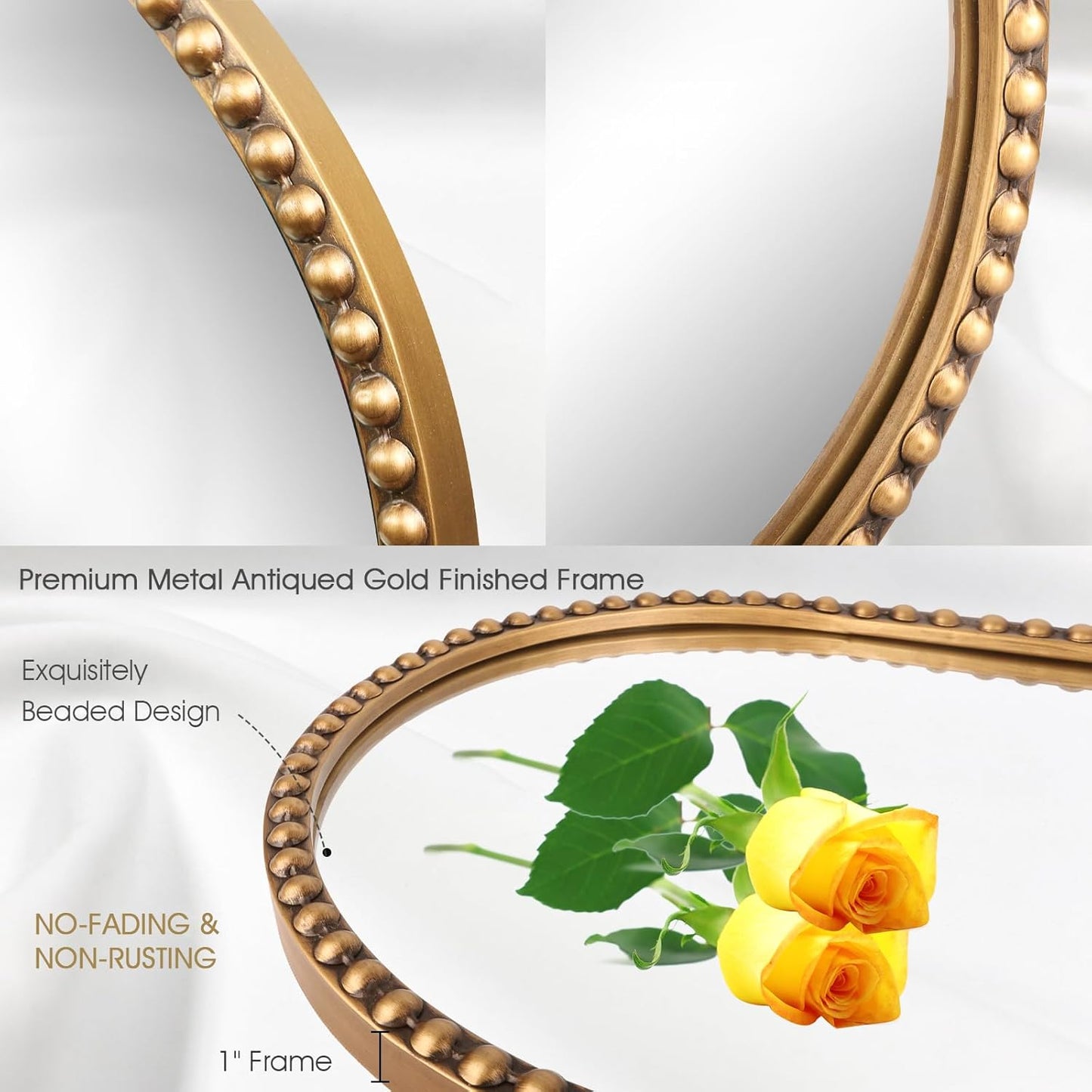 Oval Full Length Mirror, 20"x53" Metal Beaded Frame Large Hanging Dressing Floor Mirror for Bedroom, Living Room, Entryway, Antique Gold (No Stand)