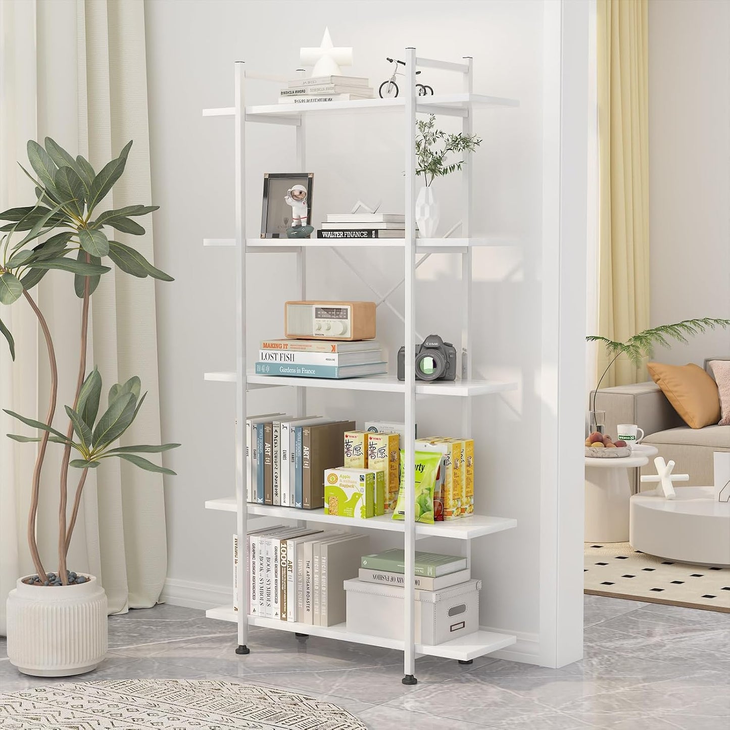 Bookshelf 5 Tiers White Wooden Storage Shelf,Modern Open Display Storage Bookcase Book Organizer,Metal Bookshelf Standing Storage Shelf Tall Shelving Units for Home Office Study