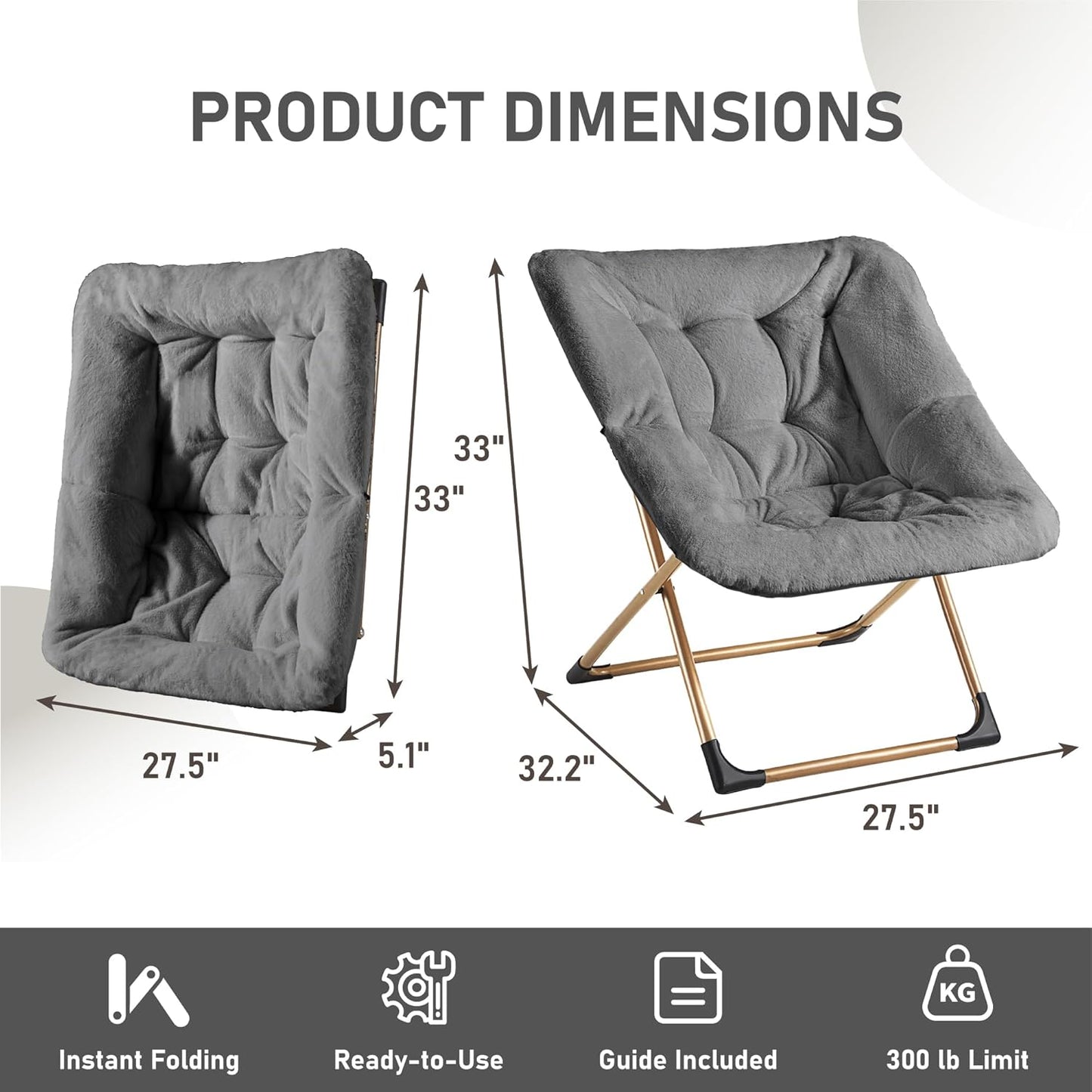 Comfy Oversized Saucer Chair, Soft Faux Fur Reading Lounge Chair for Adults, Stable X-Large Metal Frame and Non-Slip Pad, Foldable Cozy Chairs for Bedroom, Living Room, Dorm, Dark Gray