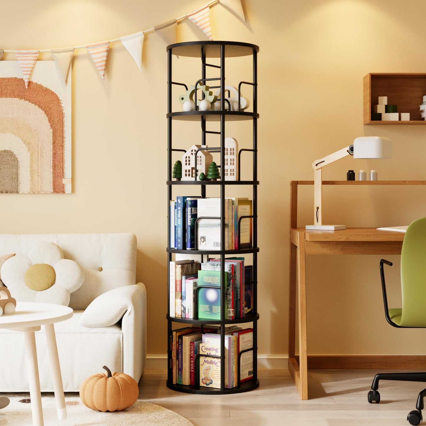 5 Tier Rotating Bookshelf, 360 Display Spinning Corner Bookshelf, Space-Saving Metal Frame Bookcase for Living Room, Office, Bedroom, Black