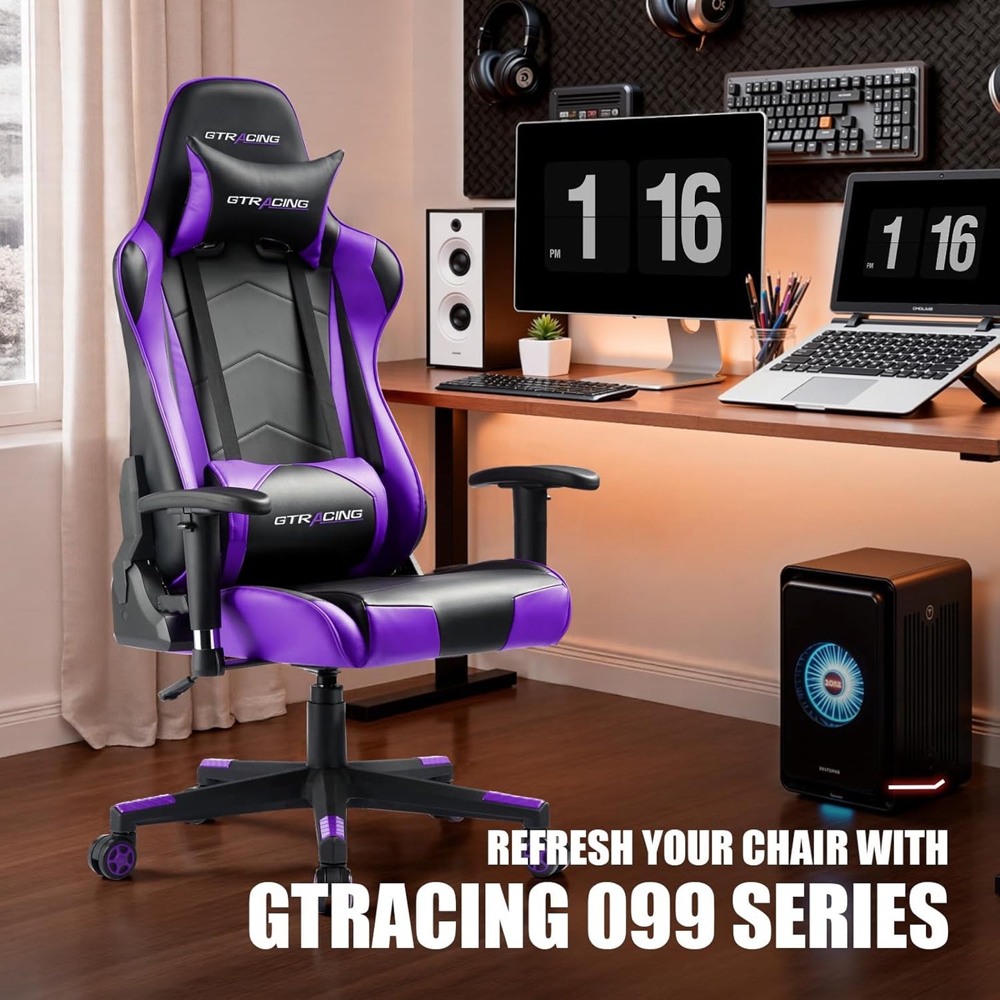 GTRACING Gaming Chair, Ergonomic Office Computer Chair with Lumbar & Headrest Support, Swivel Video Game Chair with Height & Armrest Adjustable for Adults, Purple