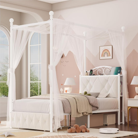 Keyluv Twin Upholstered Canopy Bed Frame with Drawer & Crystal Tufted Storage Headboard Metal Platform Bed with Charging Station & 4 Removable Posts No Box Spring Needed Curtain Not Included, Beige