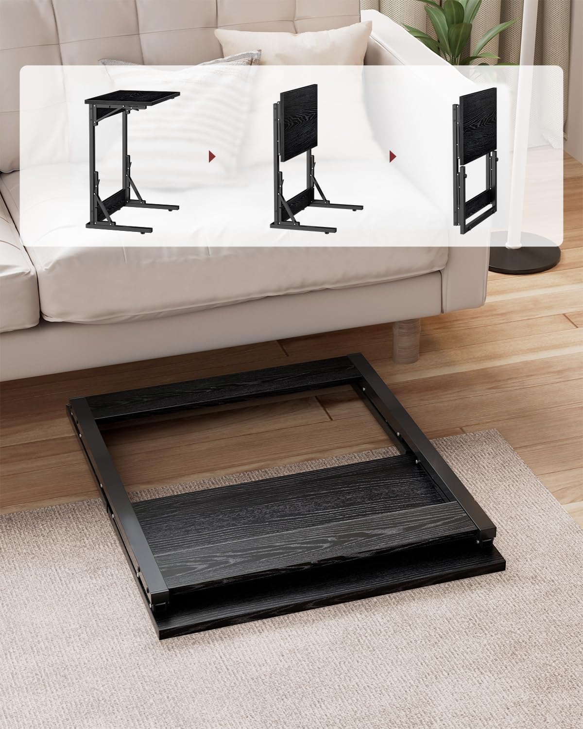 Tatub Folding TV Tray Table Set of 2, 24" Wide C-Shaped End Table for Couches, Small Sofa-Side Laptop Desk with Metal Frame for Living Room, Bedroom, Dark Black