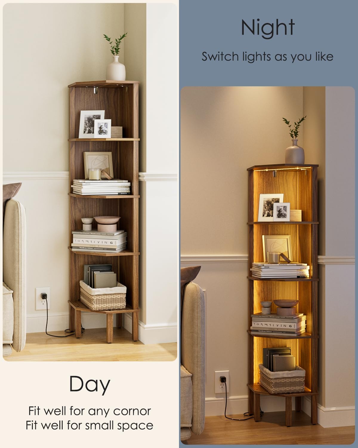 Corner Shelf, 5 Tier Corner Bookshelf with LED Light,Wall Display Corner Shelf Stand with Storage Rack for Living Room,Bedroom,Office,Walnut