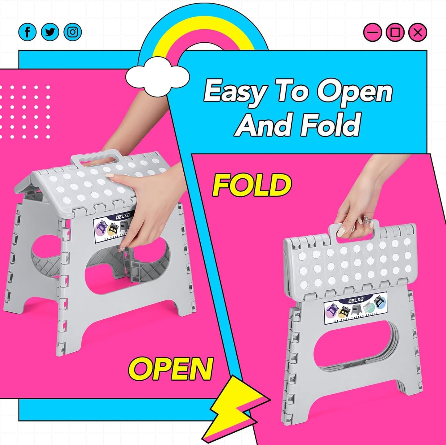 Delxo Folding Step Stool, 11 inch Non-Slip Foldable Stools Up to 300 LBS, Step Stool with Handle, Lightweight for Kitchen, Bathroom, Bedroom, Garden, Grey, 1PC